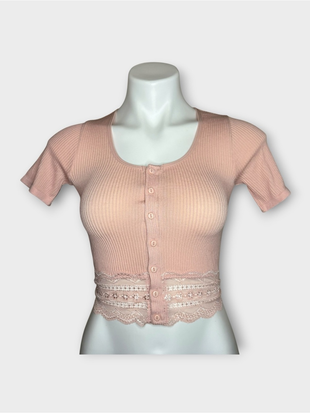 Forever 21 Pink Ribbed Lace Hem Button Up Knit Top